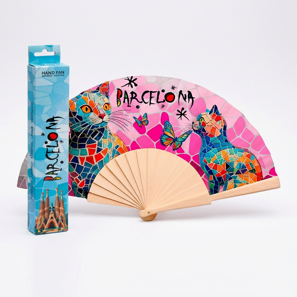 Abanico Barcelona Gato – 42x23 cm | Madera